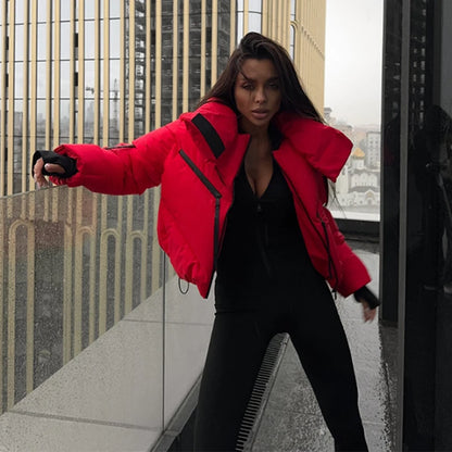 Chic Stand Collar Short Cotton Jacket Women Loose Contrast Warm Full Sleeve Zipper Jackets 2025 Fashion Autumn Winter Coat Lady