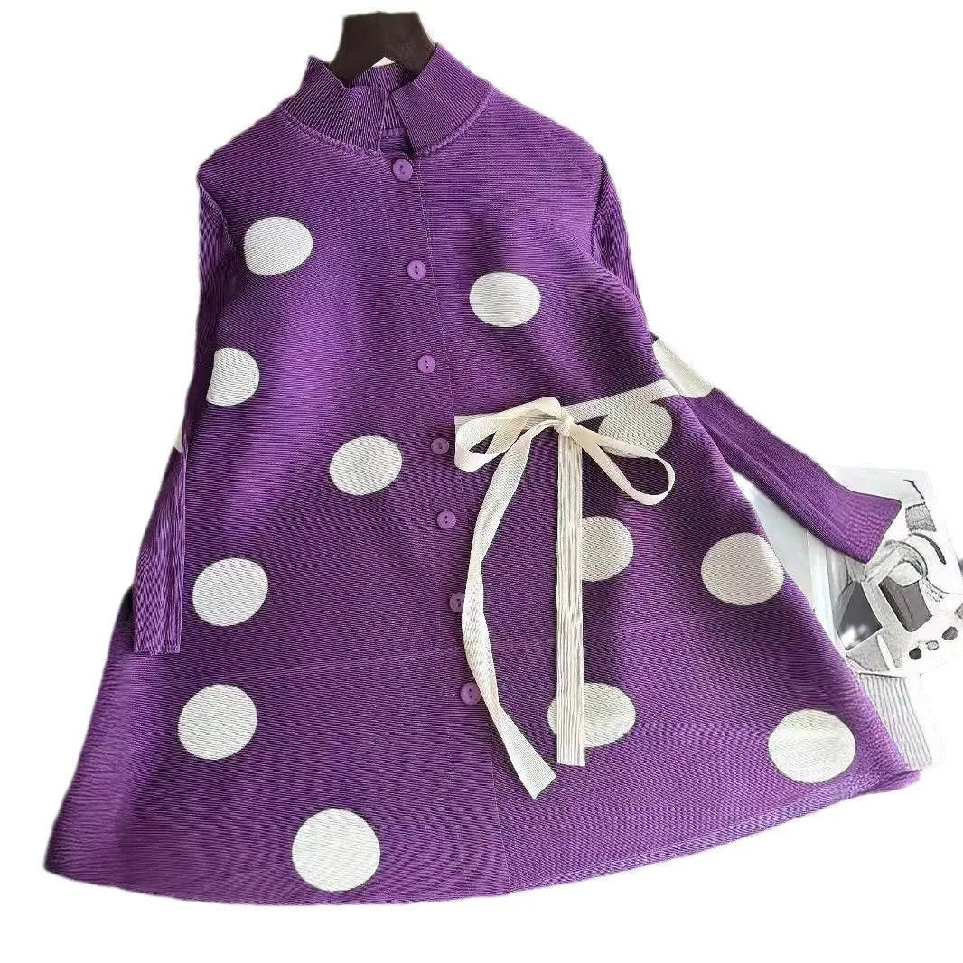 Pleated Polka Dot Jacket Long Sleeve Lapel Design Women's Dresses Loose Plus Size Tie Single Breasted Dresses 2024 Summer New