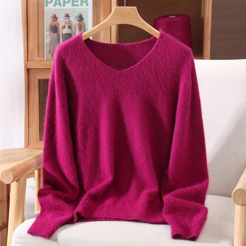 Autumn Winter Mink Cashmere Women Sweater V-Neck Pullover Fashion Basic Soft Warm Clothing 100% Mink Cashmere Knitwear Tops