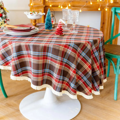 Christmas Tassel Round Tablecloth Plaid Table Cloth Checkered Table Cover for Christmas Thanksgiving Day Halloween Party Decor