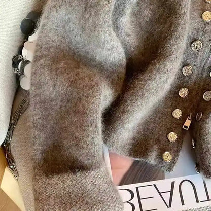 Grey Vintage Sweater Cardigans For Women Autumn New High Collar Double Breasted Knitted Coats Simple Elegant Female Knitwear Top