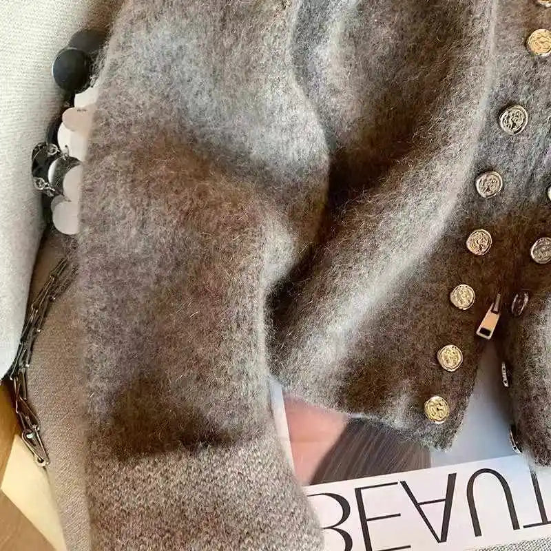 Grey Vintage Sweater Cardigans For Women Autumn New High Collar Double Breasted Knitted Coats Simple Elegant Female Knitwear Top