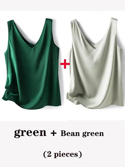 Woman T-shirts Elegant SILK Satin Blouse Sleeveless Female Summer 2025 Casual Loose Tanks and Camis Solid Green Tops for Women