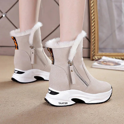 2025 New Women Snow Boots Genuine Leather Suede Natural Fur 8.5cm Platform Wedge Zipper Women Winter Shoes Warm Ankle Booties