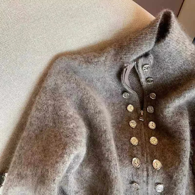 Grey Vintage Sweater Cardigans For Women Autumn New High Collar Double Breasted Knitted Coats Simple Elegant Female Knitwear Top