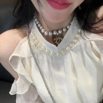 Women's 2024 Summer New Splice Pullover O-Neck Bead Folds Shoulder Ruffle Edge Fashion Solid Casual Short Sleeves Blouses Shirts