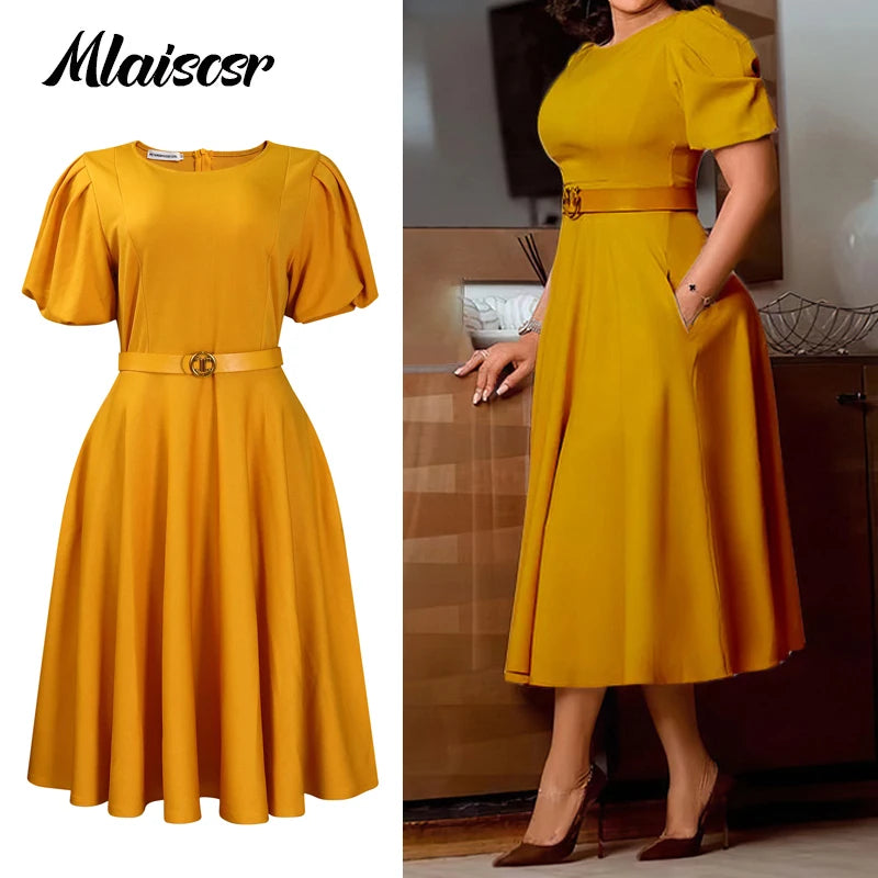 Mlaiscsr Elegant Office Lady O Neck Puff Short Sleeve Belt Waisted A Line Mid Dress Birthday Women Formal Business Work Vestidos