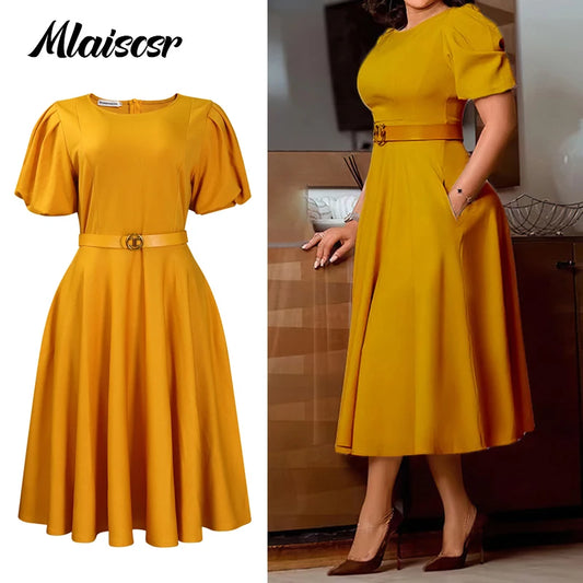 Mlaiscsr Elegant Office Lady O Neck Puff Short Sleeve Belt Waisted A Line Mid Dress Birthday Women Formal Business Work Vestidos
