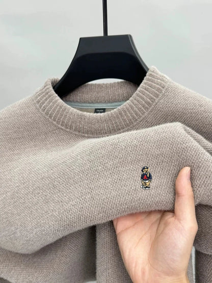 Fashion high-end brand knitted round neck sweater pullover new trend cartoon little bear embroidery comfort warm casual men wear