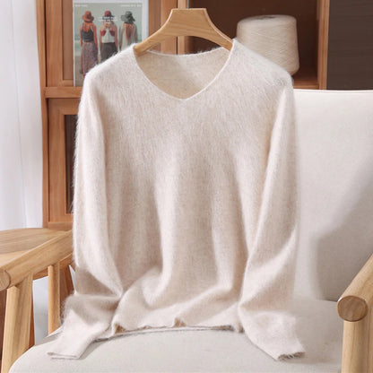 Autumn Winter Mink Cashmere Women Sweater V-Neck Pullover Fashion Basic Soft Warm Clothing 100% Mink Cashmere Knitwear Tops
