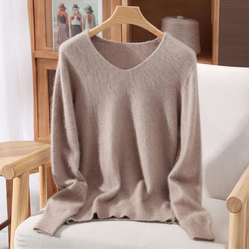 Autumn Winter Mink Cashmere Women Sweater V-Neck Pullover Fashion Basic Soft Warm Clothing 100% Mink Cashmere Knitwear Tops