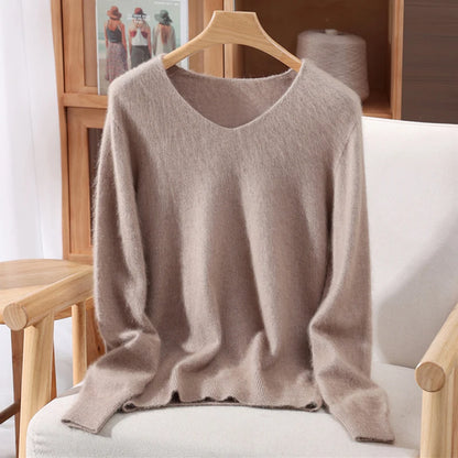 Autumn Winter Mink Cashmere Women Sweater V-Neck Pullover Fashion Basic Soft Warm Clothing 100% Mink Cashmere Knitwear Tops