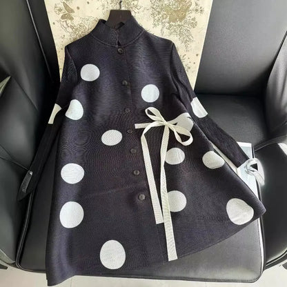 Pleated Polka Dot Jacket Long Sleeve Lapel Design Women's Dresses Loose Plus Size Tie Single Breasted Dresses 2024 Summer New