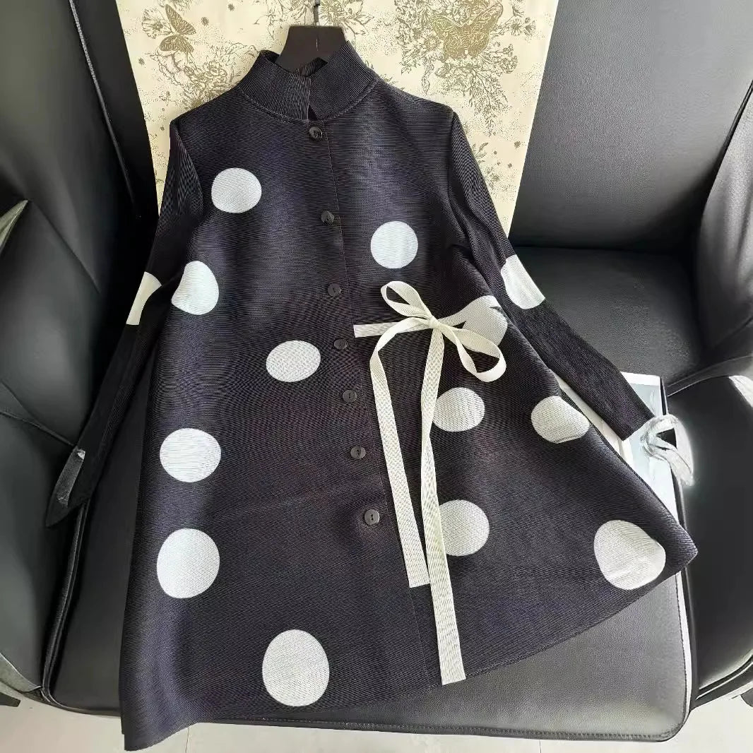 Pleated Polka Dot Jacket Long Sleeve Lapel Design Women's Dresses Loose Plus Size Tie Single Breasted Dresses 2024 Summer New