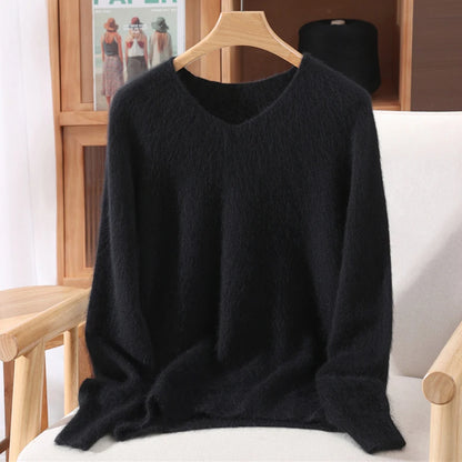 Autumn Winter Mink Cashmere Women Sweater V-Neck Pullover Fashion Basic Soft Warm Clothing 100% Mink Cashmere Knitwear Tops