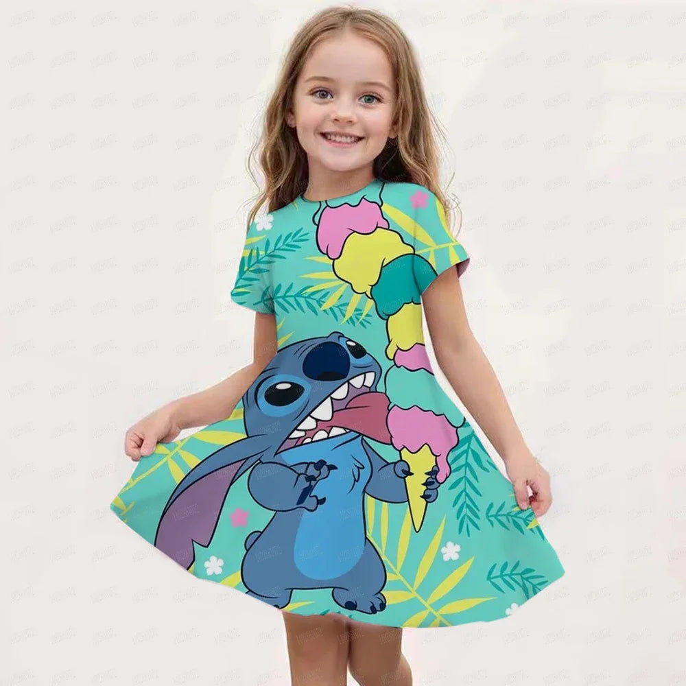 2025 Stitch Dress For Girls Children's Sleep Baby Summer Clothes StrayKids 3d Print Skirt Original Clothing Short-Sleeved Skirt