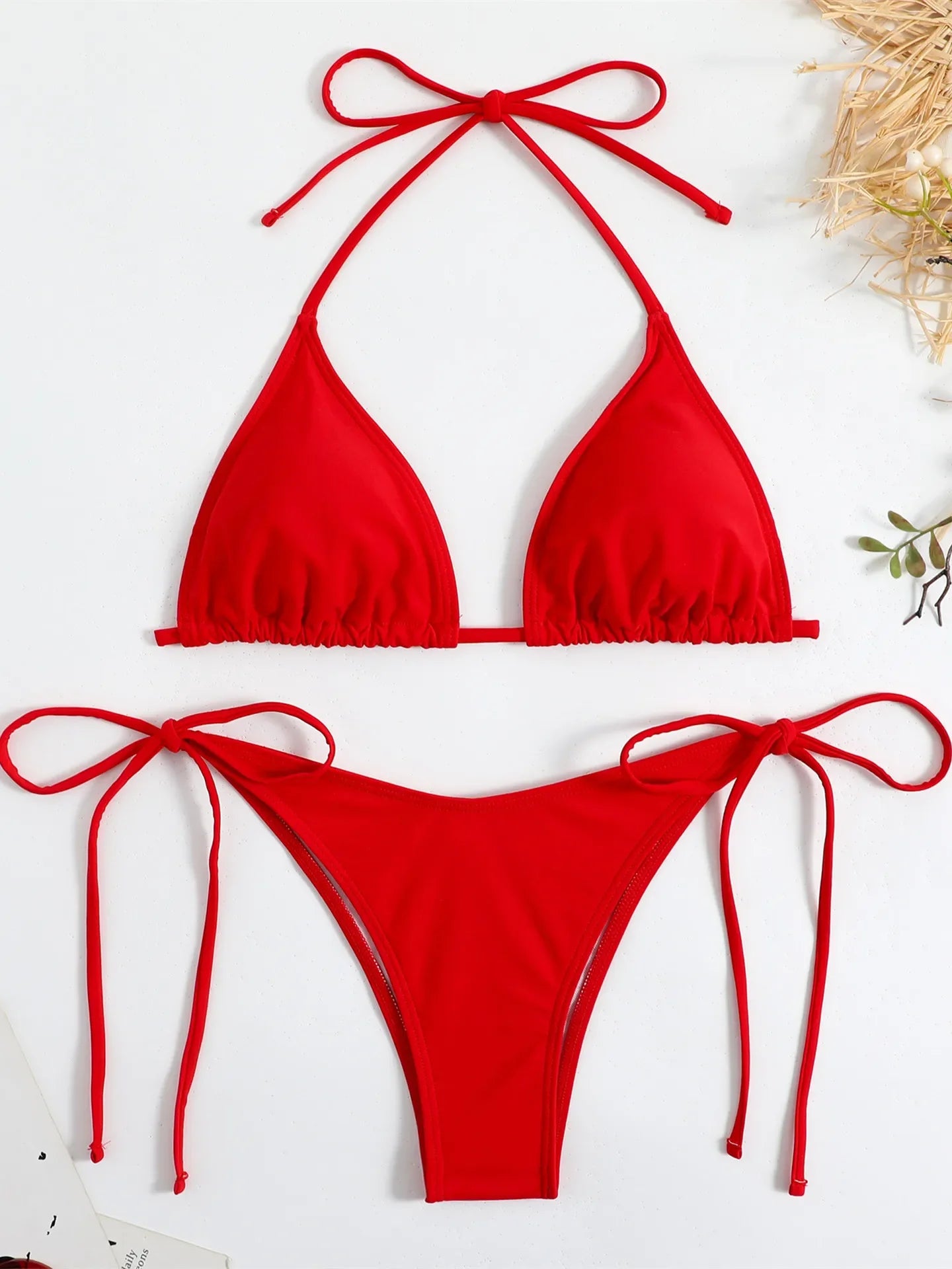 Sexy Brown Bikini 2025 Women Solid Red Halter Push Up Bra Tie Side Triangle Swimsuit Summer Bathing Suit Lace Up Micro Swimwear