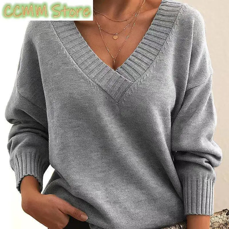 New Winter Women Pullover Sweaters Female V-Neck Loose Casual knitwear Retro Autumn Lady Long Sleeve Office Solid Warm Knit Tops