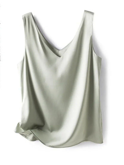 Woman T-shirts Elegant SILK Satin Blouse Sleeveless Female Summer 2025 Casual Loose Tanks and Camis Solid Green Tops for Women