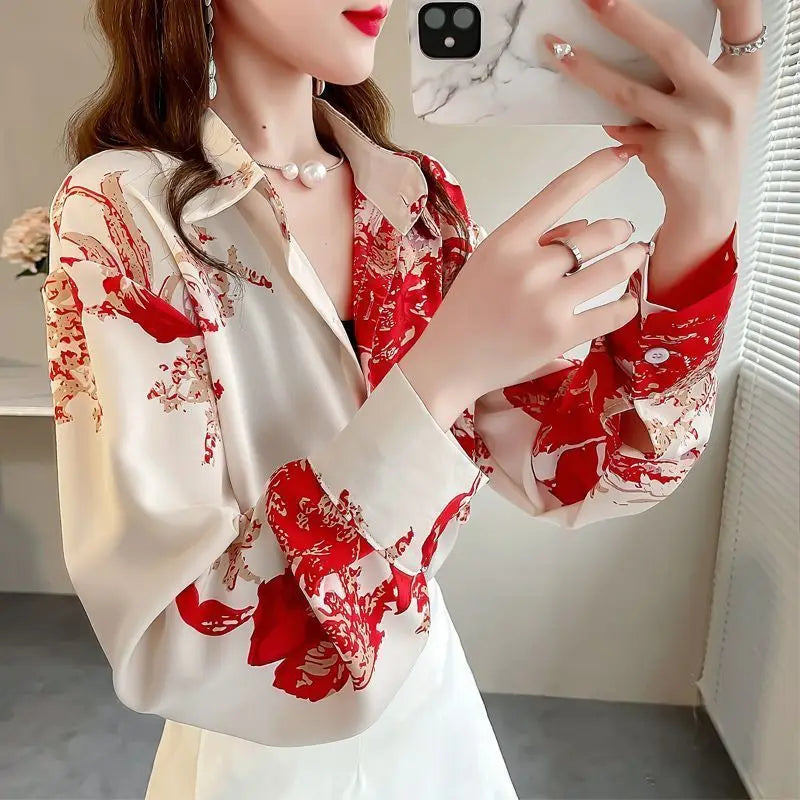 Spring Autumn New Fashion Polo Collar Long Sleeve Printed Blouse Casual Versatile Western Commuting Sweet Clothing Women Shirts