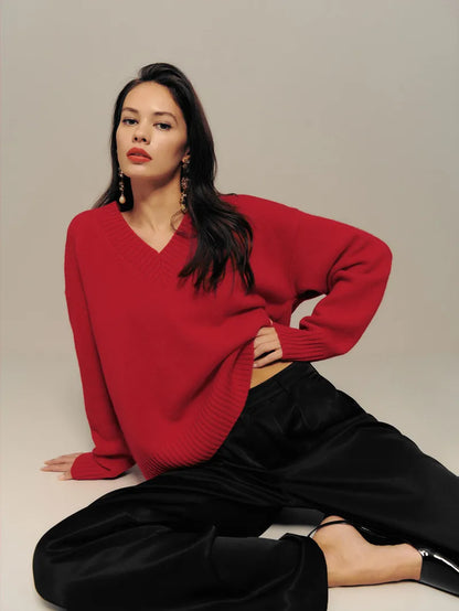 100% pure wool sweater autumn/winter new casual solid color knitted Tops V-neck women's loose pullover base Blouse