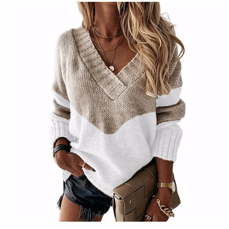 Women Sweaters Striped Knit Long Sleeve V Neck Pullovers Patchwork Regular Jumpers Casual Elegant Lady Streetwear Autumn