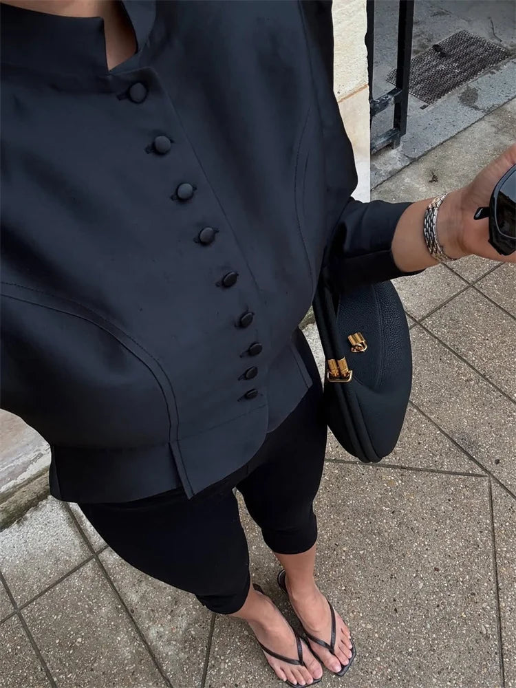 Tossy Autumn Satin Fashion Shirts Top For Women Patchwork Commute Solid Elegant Long Sleeve Cropped Cardigan Female Shirts Top