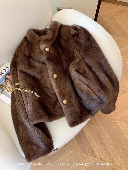 Women's Luxury Vintage Plush Faux Fur Coat Eco-Friendly Mink Style Integrated Winter Outerwear Elegant Warm Jacket