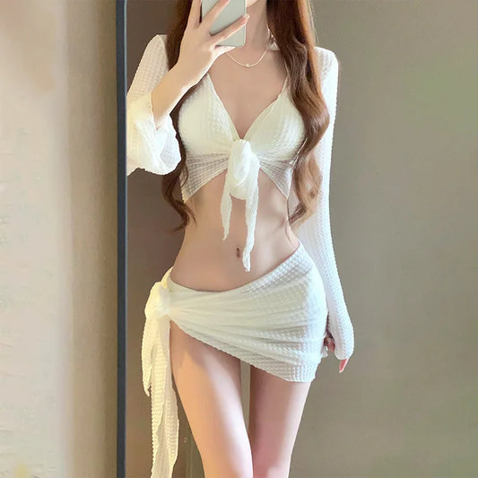 Women's Long Sleeve Knit Bikini Set, Pure Sexy Push-Up Swimsuit with Cover-Up, Elegant Resort Swimwear for Vacation Beach