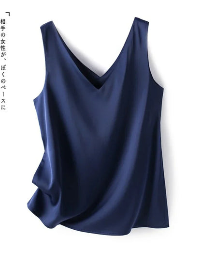 Woman T-shirts Elegant SILK Satin Blouse Sleeveless Female Summer 2025 Casual Loose Tanks and Camis Solid Green Tops for Women