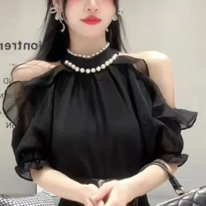 Women's 2024 Summer New Splice Pullover O-Neck Bead Folds Shoulder Ruffle Edge Fashion Solid Casual Short Sleeves Blouses Shirts