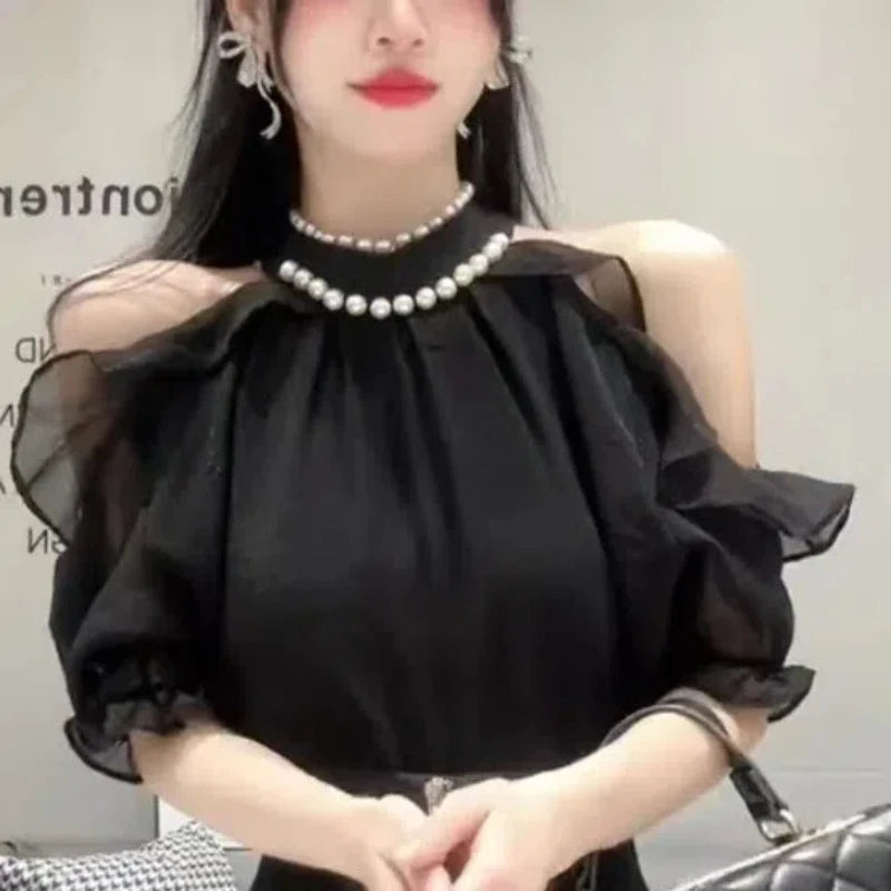Women's 2024 Summer New Splice Pullover O-Neck Bead Folds Shoulder Ruffle Edge Fashion Solid Casual Short Sleeves Blouses Shirts