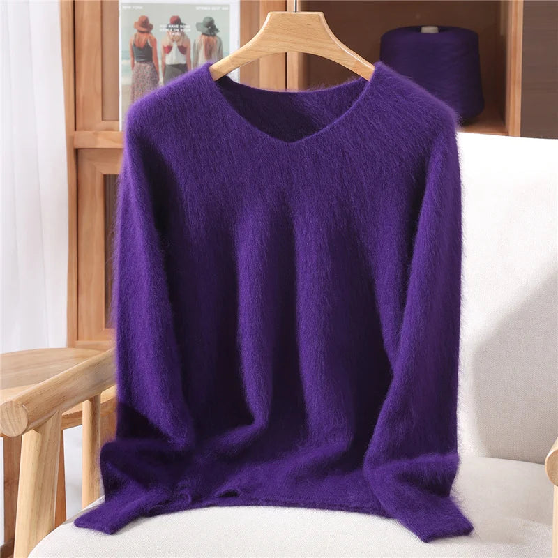 Autumn Winter Mink Cashmere Women Sweater V-Neck Pullover Fashion Basic Soft Warm Clothing 100% Mink Cashmere Knitwear Tops