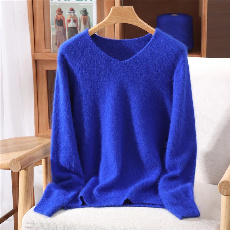 Autumn Winter Mink Cashmere Women Sweater V-Neck Pullover Fashion Basic Soft Warm Clothing 100% Mink Cashmere Knitwear Tops