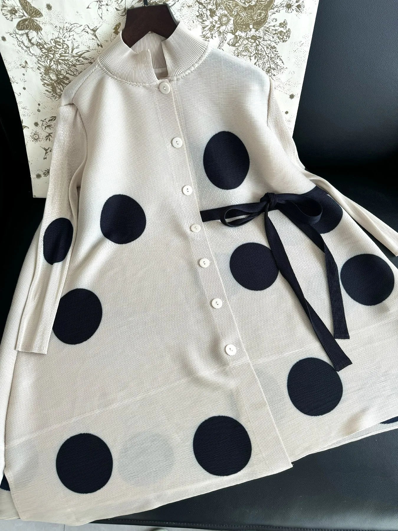 Pleated Polka Dot Jacket Long Sleeve Lapel Design Women's Dresses Loose Plus Size Tie Single Breasted Dresses 2024 Summer New