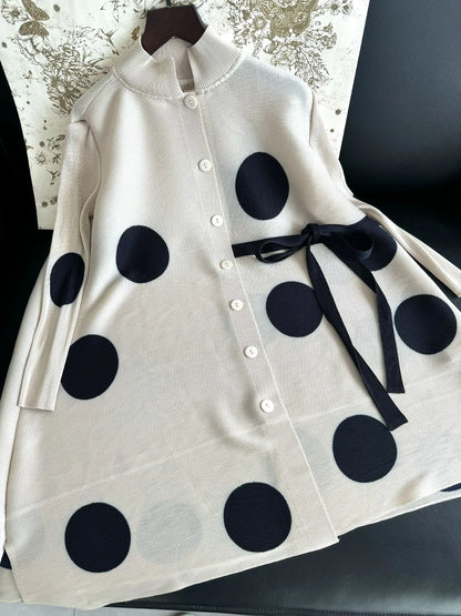 Pleated Polka Dot Jacket Long Sleeve Lapel Design Women's Dresses Loose Plus Size Tie Single Breasted Dresses 2024 Summer New