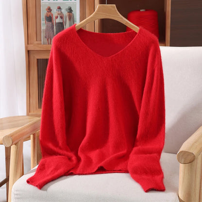 Autumn Winter Mink Cashmere Women Sweater V-Neck Pullover Fashion Basic Soft Warm Clothing 100% Mink Cashmere Knitwear Tops