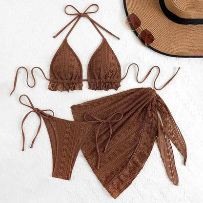 Hanging Neck Bikini Three Piece Swimsuit For Pool Party Brand New Condition Moderate Elasticity Polyester Fabric