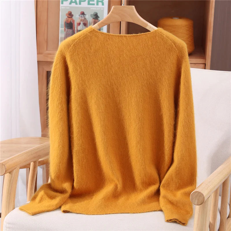 Autumn Winter Mink Cashmere Women Sweater V-Neck Pullover Fashion Basic Soft Warm Clothing 100% Mink Cashmere Knitwear Tops