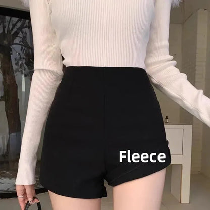 Winter High Waist Women's Fleece Lined Boot Cut Shorts Base Layer Thermal Pants Black Autumn Winter Shorties Slimming Effect