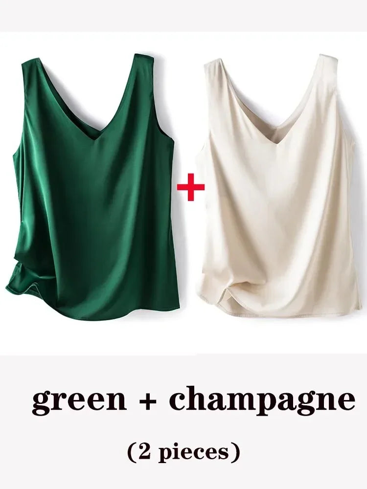 Woman T-shirts Elegant SILK Satin Blouse Sleeveless Female Summer 2025 Casual Loose Tanks and Camis Solid Green Tops for Women