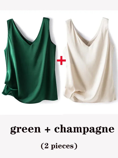 Woman T-shirts Elegant SILK Satin Blouse Sleeveless Female Summer 2025 Casual Loose Tanks and Camis Solid Green Tops for Women