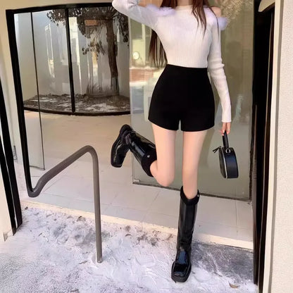 Winter High Waist Women's Fleece Lined Boot Cut Shorts Base Layer Thermal Pants Black Autumn Winter Shorties Slimming Effect