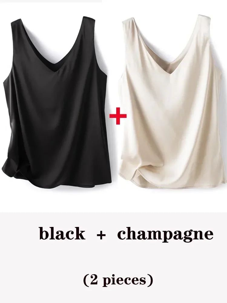 Woman T-shirts Elegant SILK Satin Blouse Sleeveless Female Summer 2025 Casual Loose Tanks and Camis Solid Green Tops for Women