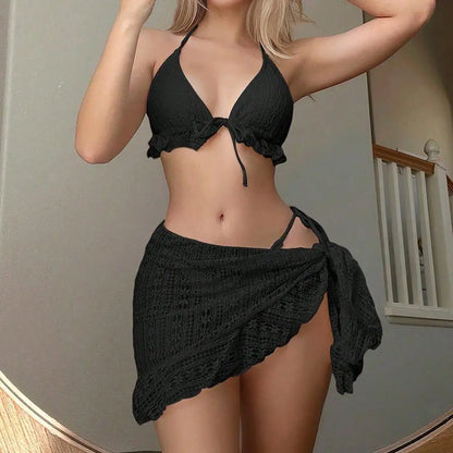 Hanging Neck Bikini Three Piece Swimsuit For Pool Party Brand New Condition Moderate Elasticity Polyester Fabric