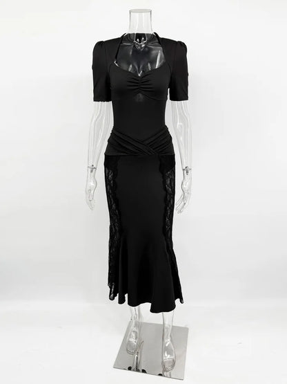 Tossy Sexy Lace 2 Piece-Set Long Skirt For Women Hollow Out Slim Cropped Top And High Waist Patchwork Long Skirt Outfits Female