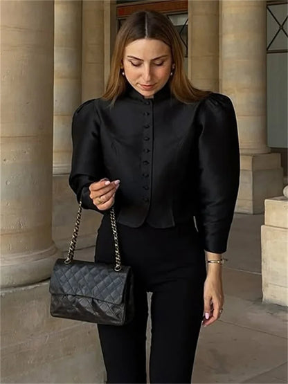 Tossy Autumn Satin Fashion Shirts Top For Women Patchwork Commute Solid Elegant Long Sleeve Cropped Cardigan Female Shirts Top