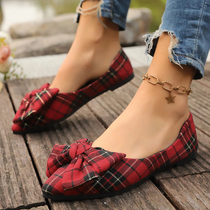 Retro Red Plaid Fashion Women Shoes New Pointed Toe Women's Flats Shoes Light and Comfortable Ladies Single Shoes