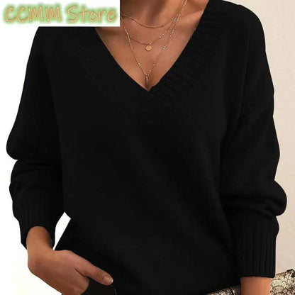 New Winter Women Pullover Sweaters Female V-Neck Loose Casual knitwear Retro Autumn Lady Long Sleeve Office Solid Warm Knit Tops