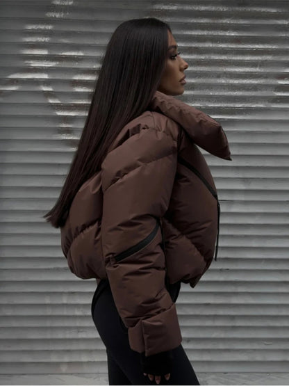 Chic Stand Collar Short Cotton Jacket Women Loose Contrast Warm Full Sleeve Zipper Jackets 2025 Fashion Autumn Winter Coat Lady